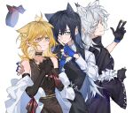  3girls animal_ears arknights black_choker black_dress black_eyes black_gloves black_hair black_vest blonde_hair blue_eyes blue_gloves blue_necktie bright_pupils chinese_commentary choker collared_shirt commentary_request dress elbow_gloves fingerless_gloves gloves hand_on_another&#039;s_shoulder highres index_finger_raised lappland_(arknights) lappland_(refined_horrormare)_(arknights) molu_stranger multiple_girls necktie orange_eyes own_hands_together parted_lips shirt simple_background sleeveless sleeveless_dress sora_(arknights) texas_(arknights) vest white_background white_hair white_pupils white_shirt wolf_ears 