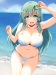  1girl alternate_costume arm_up beach bikini blush breasts cleavage collarbone colored_eyelashes commentary_request cowboy_shot day eyes_visible_through_hair fingernails frog_hair_ornament green_eyes green_hair hair_ornament hand_up highres horizon kochiya_sanae kyanta5354 large_breasts long_hair looking_at_viewer navel ocean open_mouth outdoors side-tie_bikini_bottom sidelocks smile snake_hair_ornament solo standing sunlight swimsuit thigh_gap touhou white_bikini 