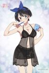  1girl armpits black_bra black_hair black_panties blue_background blue_bow blue_eyes bow bra breasts brushing_teeth bubble_background cleavage commentary_request copyright_name cup floral_print hair_bow highres kanojo_okarishimasu lingerie looking_at_viewer navel negligee official_art panties sarashina_ruka short_hair solo standing suggestive_fluid toothbrush underwear 