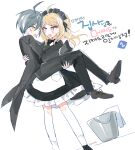  1boy 1girl ahoge akamatsu_kaede alternate_costume ankle_socks apron arm_around_neck artist_name bad_id bad_twitter_id bare_legs black_bow black_bowtie black_dress black_footwear black_headdress black_jacket black_pants black_ribbon black_sleeves black_suit blonde_hair blue_hair bow bowtie brown_footwear bucket carrying collar commentary_request cross-laced_footwear dalrye_v3 danganronpa_(series) danganronpa_v3:_killing_harmony detached_collar dress enmaided eyelashes foot_out_of_frame frilled_dress frills hair_between_eyes hair_ornament hair_ribbon hand_on_another&#039;s_back hand_on_another&#039;s_leg hand_on_another&#039;s_shoulder jacket knees korean_commentary korean_text light_blush long_hair looking_at_another maid maid_headdress musical_note musical_note_hair_ornament open_mouth pants pink_eyes pinstripe_jacket pinstripe_pattern pocket princess_carry puffy_short_sleeves puffy_sleeves rag ribbon saihara_shuichi shoes short_dress short_hair short_sleeves simple_background smile socks standing suit sweatdrop translation_request vertical-striped_sleeves waist_apron white_apron white_background white_collar white_socks yellow_eyes 