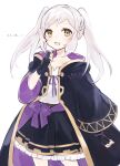  1girl :d aged_down black_coat brown_eyes coat cowboy_shot fingerless_gloves fire_emblem fire_emblem_awakening fire_emblem_heroes gloves highres long_hair long_sleeves looking_at_viewer moto_tune open_clothes open_coat open_mouth robin_(female)_(child)_(fire_emblem) robin_(female)_(fire_emblem) robin_(fire_emblem) skirt smile solo twintails twitter_username white_background white_hair wide_sleeves 