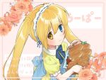  1girl alternate_costume artist_name basket blonde_hair blue_bow blue_eyes blush bow bread closed_mouth commentary_request copyright_name enmaided flower food from_above hair_between_eyes heterochromia holding holding_basket long_hair looking_at_viewer maid maid_headdress may_salamanya nakatsu_shizuru orange_flower pink_background puffy_short_sleeves puffy_sleeves rewrite shirt short_sleeves simple_background smile solo tareme twintails upper_body yellow_eyes yellow_shirt 