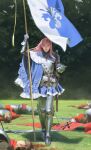  1girl 5boys armor blood blue_flower blue_rose blue_skirt breastplate broken_arrow enssu expressionless field flag flower green_eyes highres long_hair looking_at_viewer multiple_boys original pink_hair plate_armor rose sheath skirt standard_bearer tree 