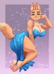 abstract_background anthro big_breasts blue_clothing blue_dress breasts canid canine cleavage clothed clothing diane_foxington dreamworks dress fox fur heart_symbol hi_res huge_breasts jewelry looking_at_viewer mammal necklace piercing red_body red_fur smile solo the_bad_guys thick_thighs tiggybloom