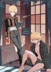  2boys abs absurdres animal animal_print aqua_eyes barefoot bird black_footwear black_jacket blonde_hair book bulge closed_mouth collarbone dagger dark_persona daydremec dual_persona english_text eyebrows_visible_through_hair fate/grand_order fate_(series) fingerless_gloves flying frills fur_jacket gloves hair_between_eyes hatching_(texture) highres holding holding_book indoors jacket jekyll_and_hyde_(fate) knife leaning leopard_print male_focus multiple_boys navel open_book open_clothes open_jacket parted_lips planted red_eyes red_gloves red_legwear sitting smile socks tiger_print tile_floor tiles toned toned_male underwear weapon window 