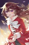  1girl alice_(pandora_hearts) black_dress bow bowtie braid brown_hair coat cowboy_shot dress english_commentary floating_hair gradient_background highres long_hair long_sleeves looking_at_viewer orangecallis pandora_hearts purple_eyes red_coat smile solo twitter_username white_bow 