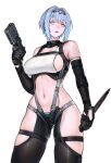  1girl absurdres aqua_eyes black_gloves black_pantyhose blood blood_on_knife blood_on_weapon blue_hair breasts clothing_cutout commentary dagger detached_sleeves empty_eyes gloves gun hair_intakes handgun highres holding holding_dagger holding_gun holding_knife holding_weapon iuui knife light_blue_hair looking_to_the_side navel original pantyhose parted_lips revealing_clothes reverse_grip short_hair sideboob sideboob_cutout sidelocks solo suspender_pantyhose suspenders symbol-only_commentary tank_top teeth thigh_cutout thigh_strap upper_teeth_only weapon white_tank_top 