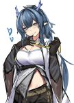  1girl :q absurdres arknights bandaged_arm bandages bandeau belt black_belt blue_eyes blue_hair blush chest_belt closed_mouth coat commentary_request dragon_girl dragon_horns eyes_visible_through_hair hair_between_eyes hand_to_own_mouth hands_up head_tilt heart highres horns ling_(arknights) long_hair looking_at_viewer mitarashi_renge open_clothes open_coat partial_commentary purple_horns simple_background sketch solo standing tongue tongue_out upper_body white_background white_bandeau white_coat wide_sleeves 