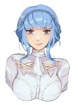  1girl ascot black_eyes blue_hair blush braid covered_collarbone crown_braid english_commentary fire_emblem fire_emblem:_three_houses highres itsaboutspoons looking_at_viewer marianne_von_edmund nervous portrait shirt sidelocks smile solo straight-on white_ascot white_background white_shirt 