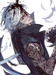  1boy arm_tattoo black_blood black_eyes blood devil_may_cry_(series) devil_may_cry_5 fingerless_gloves fo_san_da_can_shi gloves highres holding male_focus sleeveless smile solo sword tattoo upper_body v_(devil_may_cry) weapon white_hair 
