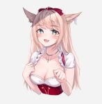  1girl :d animal_ear_fluff animal_ears antenna_hair avatar_(ffxiv) blonde_hair blush breasts cat_ears cleavage collarbone cropped_torso ear_piercing facial_mark fang final_fantasy final_fantasy_xiv green_eyes hand_on_own_chest highres jewelry long_hair looking_at_viewer medium_breasts miqo&#039;te navel necklace open_mouth piercing shirt short_sleeves simple_background skin_fang smile solo soybean_(hisoybean) underbust white_background white_shirt 