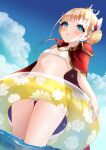  1girl :o absurdres ass azur_lane bangs bikini blonde_hair blue_eyes blue_sky blunt_bangs blush cape cloud crown day double_bun dutch_angle flat_chest from_below highres innertube le_triomphant_(azur_lane) looking_at_viewer micro_bikini ocean open_mouth outdoors short_hair sky solo standing sunlight swimsuit thigh_gap water white_bikini yamaha_tsui 