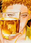  2boys absurdres alcohol chinese_commentary closed_mouth collared_shirt commentary_request cup expressionless highres holding holding_cup itou_kaiji kaiji long_hair looking_at_viewer male_focus moolidragon multiple_boys reflection sahara_makoto shirt short_bangs short_hair solo_focus upper_body whiskey yellow_shirt yellow_theme 