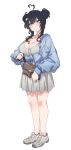  1girl absurdres ahoge aningay bag black_hair blue_eyes blue_jacket blush breasts cleavage collarbone double_bun dress full_body grey_dress grey_footwear hair_between_eyes hair_bun heart heart_ahoge highres holding holding_bag jacket large_breasts long_hair long_sleeves looking_at_viewer original pleated_dress puffy_long_sleeves puffy_sleeves shoes simple_background sleeves_past_wrists smile solo standing white_background 