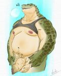 anthro balls belly claws crocodilian digital_drawing_(artwork) digital_media_(artwork) finger_claws foreskin genitals hi_res luna_(disambiguation) male musclegut muscular muscular_anthro muscular_male navel nipples penis reptile scalie simple_background solo standing teeth white_background