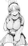  1girl animal_ears between_legs blue_archive blush breasts fake_animal_ears glasses greyscale hair_ornament halo hand_between_legs haruyukiko highres large_breasts long_hair long_sleeves looking_at_viewer moe_(blue_archive) monochrome navel parted_lips pleated_skirt pom_pom_(clothes) pom_pom_hair_ornament rabbit_ears round_eyewear simple_background skirt sleeves_past_wrists smile solo sweat white_background 
