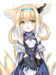  1girl :d animal_ear_fluff animal_ears arknights bangs bare_shoulders black_gloves blonde_hair blue_hairband blush braid breasts cloak commentary_request covered_collarbone eyebrows_visible_through_hair flying_sweatdrops fox_ears fox_girl fox_tail gloves green_eyes hair_between_eyes hair_rings hairband highres kitsune langley1000 long_hair looking_at_viewer open_mouth purple_shirt purple_skirt shirt simple_background skirt sleeveless sleeveless_shirt small_breasts smile solo suzuran_(arknights) tail twin_braids white_background white_cloak white_shirt 