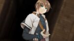  1boy alto_travers atelier-moo belt blurry blurry_background bracelet brown_hair closed_mouth dungeon green_eyes hair_between_eyes hand_on_own_arm highres jacket jewelry long_sleeves looking_at_viewer short_hair solo standing upper_body v-shaped_eyebrows wizards_symphony 
