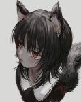  1girl animal_ears black_hair collared_dress dress expressionless grey_background highres looking_to_the_side medium_hair mohato_official original red_eyes simple_background sketch solo tail upper_body wolf_ears wolf_girl wolf_tail 