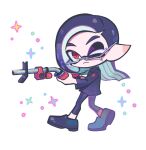  1boy black_hair closed_mouth commentary_request deformed e-liter_4k_(splatoon) full_body glasses gun highres holding holding_gun holding_weapon inkling inkling_boy inkling_player_character korean_commentary long_hair male_focus one_eye_closed pointy_ears red_eyes simple_background solo sparkle splatoon_(series) splatoon_3 standing tentacle_hair ufo_sw weapon white_background 