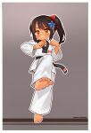  1girl absurdres artist_name barefoot belt black_belt blue_flower border bow brown_hair canadian_flag chinese_commentary clenched_hand commentary_request dougi feet flower grey_background hair_bow hair_flower hair_ornament high_ponytail highres kuma-bound looking_at_viewer martial_arts_belt medium_hair orange_eyes original pants red_bow simple_background smile soles standing standing_on_one_leg tan teeth white_border white_pants 