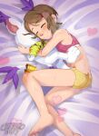  1girl ^_^ animal_hands artist_name barefoot bed blush bra brown_hair cheeso_art closed_eyes commentary digimon digimon_(creature) digimon_adventure_02 english_commentary feet gloves hair_ornament hairclip highres hug lying messy_hair on_bed on_side panties paw_gloves pink_bra short_hair sleeping smile soles sports_bra sweat tail tail_ornament tail_ring tailmon toes underwear yagami_hikari yellow_panties 