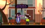  1girl 1other animal_ears brown_hair colored_skin commentary crossover deltarune english_commentary furry goat_ears goat_horns goddamn_it_kris_(meme) highres horns kris_(deltarune) meme night_in_the_woods parody pcktknife striped striped_sweater style_parody susie_(deltarune) sweater yellow_teeth 