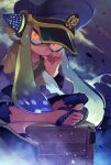  1girl absurdres agent_3_(splatoon) flip-flops frown green_hair hand_on_own_chin hat headphones highres indian_style inkling looking_at_viewer mkakimikan multicolored_hair pants peaked_cap poncho sandals sitting solo splatoon_(series) splatoon_3 tentacle_hair toes torn_clothes torn_pants two-tone_hair 