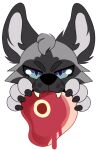 ambiguous_form ambiguous_gender blue_eyes canid fangs food food_in_mouth fur glistening glistening_eyes grey_body grey_fur head_tuft looking_at_viewer mammal meat princelykaden simple_background solo teeth tuft white_background