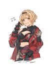  1girl :d alternate_hairstyle blonde_hair blue_eyes breasts cleavage cleavage_cutout clothing_cutout gloves granblue_fantasy hairband highres jacket medium_breasts midriff open_clothes open_jacket red_jacket shimatani_azu short_hair smile zeta_(granblue_fantasy) zeta_(grand)_(granblue_fantasy) 