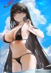  1girl absurdres alternate_costume bikini black_bikini black_hair blue_archive blue_sky breasts cloud halo highres large_breasts long_hair looking_at_viewer navel outdoors r_aeel red_eyes rio_(blue_archive) sky solo stomach straight_hair string_bikini swimsuit very_long_hair wading 