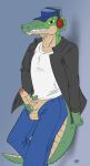 anthro balls bottomwear clothing crocodile crocodilian crocodylid denim denim_bottomwear denim_clothing electronics foreskin genitals hat headgear headphones headwear hi_res jeans lac_(character) male male/male pants penis reptile scalie tail teppo32
