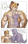 5:8 abs ainro anthro biceps blush duo elysium_above english_text felid fur hi_res leopard lucky_skebe male male/male mammal markings muscular muscular_anthro muscular_male nipples nude pantherine pec_grab pecs purple_body purple_eyes purple_fur simple_background speech_bubble spots spotted_body spotted_fur standing striped_body striped_fur stripes text tiger white_background yellow_body yellow_eyes yellow_fur