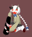  1girl blue_bow blue_bowtie bow bowtie braid closed_mouth collared_shirt demon_horns flat_color funamusea grey_skirt hair_between_eyes hair_bow highres holding_club horns kiku_(funamusea) long_hair looking_at_viewer loose_socks pleated_skirt red_background red_footwear shirt simple_background sitting skirt sleeves_past_fingers sleeves_past_wrists socks solo suiei12138 sweater_vest twin_braids wariza white_hair white_shirt white_socks yellow_sweater_vest 
