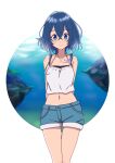  1girl arms_behind_back blue_eyes blue_hair blue_shorts braid camisole closed_mouth cowboy_shot denim denim_shorts halterneck highres jewelry looking_at_viewer midriff misakino_kukuru navel necklace shell_hair_ornament shiroi_suna_no_aquatope short_hair short_shorts shorts side_braid sin_rg smile solo standing white_camisole 
