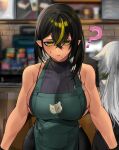  2girls ? apron bangs bare_shoulders barista black_hair black_pants breasts cafe coffee commentary dark-skinned_female dark_skin elf english_commentary eyebrows_visible_through_hair halterneck highres iced_latte_with_breast_milk_(meme) large_breasts lilith_(lilycious) lilycious meme mole mole_on_breast mole_under_mouth multicolored_hair multiple_girls multiple_moles original pants pointy_ears sideboob skindentation sleeveless sleeveless_turtleneck solo_focus starbucks strap streaked_hair toned turtleneck undersized_clothes yellow_eyes 