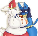 ambiguous_gender anthro bedroom_eyes belly big_belly big_breasts biped blitzyflair blue_body breast_grab breasts buckteeth canid cinderace duo female food food_fetish food_play generation_4_pokemon generation_8_pokemon hand_on_breast hi_res huge_breasts lagomorph leporid lucario mammal narrowed_eyes nintendo pokemon pokemon_(species) rabbit seductive slightly_chubby tail teeth tongue tongue_out white_body wide_hips