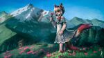 16:9 2022 2_tails absurd_res anthro bare_shoulders blaedic blue_sky building canid canine clothed clothing day digital_media_(artwork) digital_painting_(artwork) digitigrade dipstick_ears dipstick_tail dress fangs female female_anthro fence flower fox full-length_portrait fur hi_res holding_flower holding_object horn lace lace_dress leg_markings mammal markings mountain multi_tail multicolored_ears open_mouth open_smile outside pink_eyes pink_flower plant portrait sidelocks sky smile snow_cap socks_(marking) solo standing tail tail_markings tan_body tan_fur teeth translucent translucent_clothing translucent_dress valley white_clothing white_dress widescreen wildflowers wood wood_fence yul_(ryong_yi)