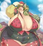 anthro areola areola_slip artist_logo belly between_breasts big_breasts blush bovid bovine breasts building cattle clothing cloud curvy_figure day female food fruit green_clothing green_hair hair hi_res holding_food holding_fruit holding_melon holding_object holding_watermelon horn house huge_breasts hyper hyper_breasts logo looking_at_viewer mammal melon open_mouth outside overweight overweight_female plant sasanoha6011 sky smile solo tail thick_thighs voluptuous watermelon watermelon_print white_horn wide_hips