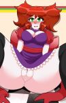 anatomically_correct animatronic black_clothing black_legwear black_stockings bodily_fluids bow_ribbon bow_tie breasts circus circus_baby_(fnaf) cleavage_cutout clothed clothing clown clown_nose cutout dress embarrassed eyelashes female five_nights_at_anime five_nights_at_freddy&#039;s flustered genital_fluids genitals green_eyes hair hi_res humanoid iabelle legwear machine medium_breasts no_underwear on_ground open_mouth pigtails plump_labia puffy_shoulders purple_bow_tie purple_clothing purple_dress pussy red_hair red_ribbon ribbon_around_waist robot rosy_cheeks scottgames sister_location sitting sitting_on_ground solo spread_legs spreading stockings thick_thighs upskirt vaginal_fluids white_body