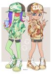  2girls agent_8_(splatoon) alternate_costume baseball_cap bike_shorts blue_eyes blue_hair border brown_footwear brown_hair brown_hat brown_jacket closed_mouth colored_skin colored_tips commentary_request cup dedf1sh double_v drinking_straw ear_piercing earrings full_body green_footwear green_hat green_jacket green_skin grey_background hat highres holding holding_cup hoop_earrings jacket jewelry long_hair multicolored_hair multiple_girls octoling octoling_girl octoling_player_character outside_border piercing print_headwear red-tinted_eyewear red_hair sanitized_(splatoon) shoes simple_background splatoon_(series) splatoon_3 splatoon_3:_side_order standing sunglasses tentacle_hair tinted_eyewear two-tone_hair v white_border xxmarchxx 