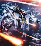  airborne cloud cloudy_sky commentary_request debris flying glowing glowing_eyes green_eyes gundam gundam_hathaway&#039;s_flash highres mecha mobile_suit no_humans open_hands science_fiction sky solo v-fin xi_gundam youiki 