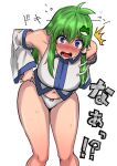  1girl absurdres ahoge bare_shoulders bent_over blue_eyes blush breasts commentary_request cowboy_shot detached_sleeves dressing embarrassed frog_hair_ornament green_hair hair_ornament highres kochiya_sanae large_breasts legs long_hair looking_at_viewer midriff_peek navel no_pants open_mouth panties sen_(daydream_53) shirt simple_background sleeveless sleeveless_shirt sweat thighs touhou underwear v-shaped_eyebrows white_background white_panties white_shirt 