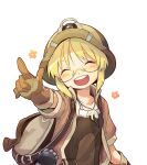  1girl ^_^ backpack bag blonde_hair blush brown_gloves brown_hat brown_jacket brown_shirt child chinese_commentary closed_eyes collarbone collared_jacket commentary_request elbow_gloves facing_viewer flower_(symbol) glasses gloves happy helmet huaihuaijikuai jacket jewelry made_in_abyss medium_hair open_clothes open_jacket open_mouth outstretched_arm pendant pointing pointing_forward riko_(made_in_abyss) semi-rimless_eyewear shirt simple_background solo under-rim_eyewear upper_body white_background 