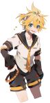  1boy black_sailor_collar black_shorts black_sleeves blonde_hair blue_eyes collarbone detached_sleeves hand_in_pocket headphones highres kagamine_len kawasaki_(kwsk_8765) looking_at_viewer male_focus messy_hair musical_note necktie open_mouth pocket sailor_collar shirt short_hair short_ponytail short_sleeves shorts simple_background smile solo upper_body vocaloid white_background white_shirt yellow_necktie yellow_trim 