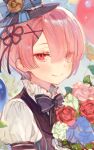  1girl balloon bangs blunt_bangs bouquet bow eyes_visible_through_hair flower hair_flower hair_ornament hairclip hat kuzuvine one_eye_covered pink_eyes pink_hair ram_(re:zero) re:zero_kara_hajimeru_isekai_seikatsu short_hair smile solo 