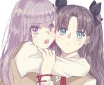  2girls black_bow blue_eyes blush bow breasts brown_hair collared_shirt eyebrows_visible_through_hair fate/stay_night fate_(series) homurahara_academy_uniform huge_breasts long_hair looking_at_viewer matou_sakura multiple_girls open_mouth purple_eyes purple_hair roku_(ntbr_fate) shirt siblings sisters sweatdrop tohsaka_rin two_side_up upper_body vest white_background white_shirt yellow_vest 