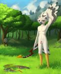 aged_up anthro arrow_(weapon) avian avian_feet balls beak blue_eyes blush bow_(weapon) clothing cloud detailed_background discarded_clothing feathered_wings feathers forest genitals hi_res male nintendo nude nude_anthro nude_male penis plant ranged_weapon rito sky skyscape solo spotty.cat tapering_penis target target_practice the_legend_of_zelda tree tulin_(tloz) weapon white_balls white_body wings