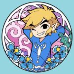 2024 blonde_hair clothing elf flower hair hi_res humanoid humanoid_pointy_ears hylian light_body light_skin looking_at_viewer male nintendo not_furry one_eye_closed pajamas plant rutiwa smile solo the_legend_of_zelda toon_link wind_waker wink