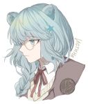  1girl animal_ears arknights badge bangs bear_ears bear_girl beige_vest blue_eyes blue_hair bolo_tie braid brown_sweater character_name closed_mouth cyrillic eyebrows_visible_through_hair from_side glasses hair_ornament hat highres istina_(arknights) long_hair neck_ribbon portrait red_ribbon ribbon school_uniform shirt simple_background single_braid solo star_(symbol) star_hair_ornament sweater vhdtyzusixc7fai white_background white_shirt 